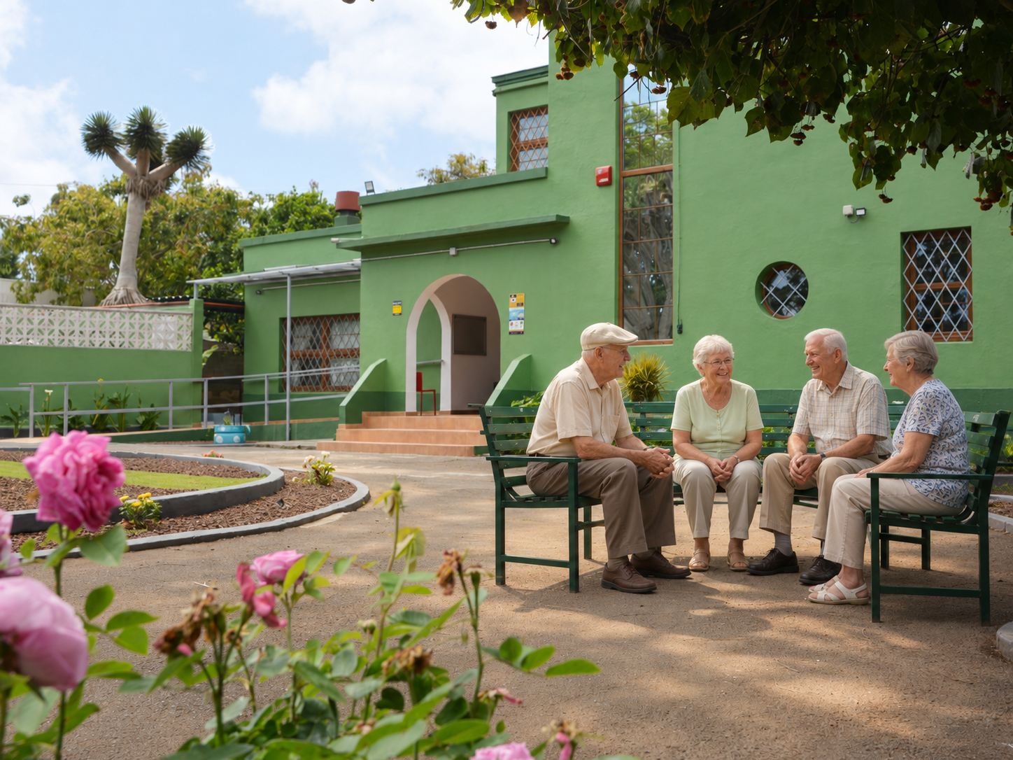 Personas mayores conversando juntas en el jardín de una residencia